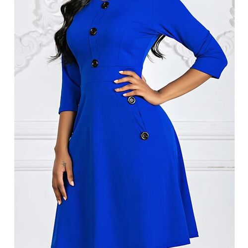 Women Spring Autumn Solid A-Line Dress Single-Breasted