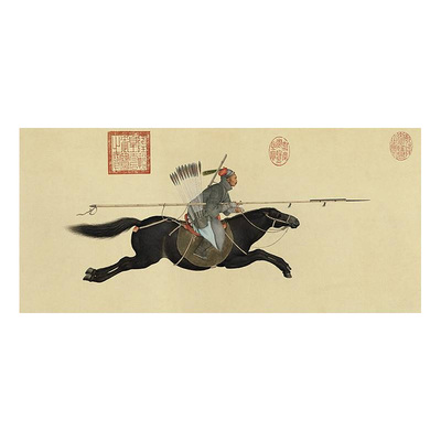 郎世宁阿玉锡持矛荡寇图战斗杀敌国画艺术微喷复制客厅装饰画