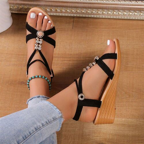 New Women Solid Color Wedge Sandals  New Ankle Buckle Non