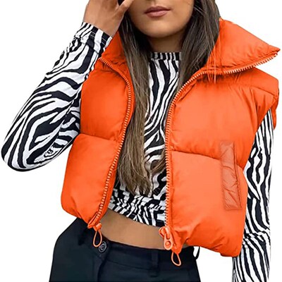 Women Winter Warm Crop Waistcoat, Sleeveless Stand Collar