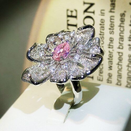 Pink Diamond Flower Ring Womens Openended ins Simple Style F