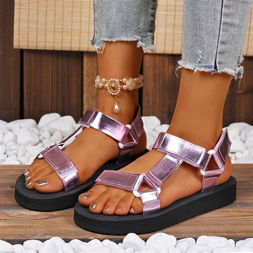 Womens Plus Size Summer Fashion Sandals - Pink Metal Ankle