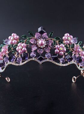 Luxury Baroque Purple Crystal Pearl Bridal Crown Tiara Magni