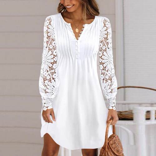 Fashion Solid Loose A-line Dress Women Elegant V-Neck