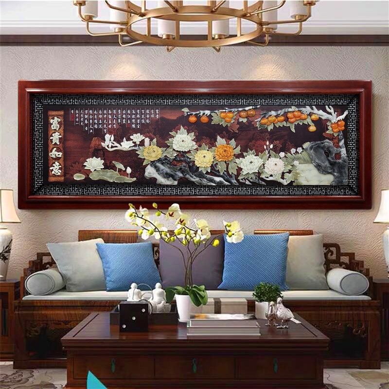 中式客厅挂画沙发背景墙装饰画高档大气玉石玉雕壁画2021新款墙画