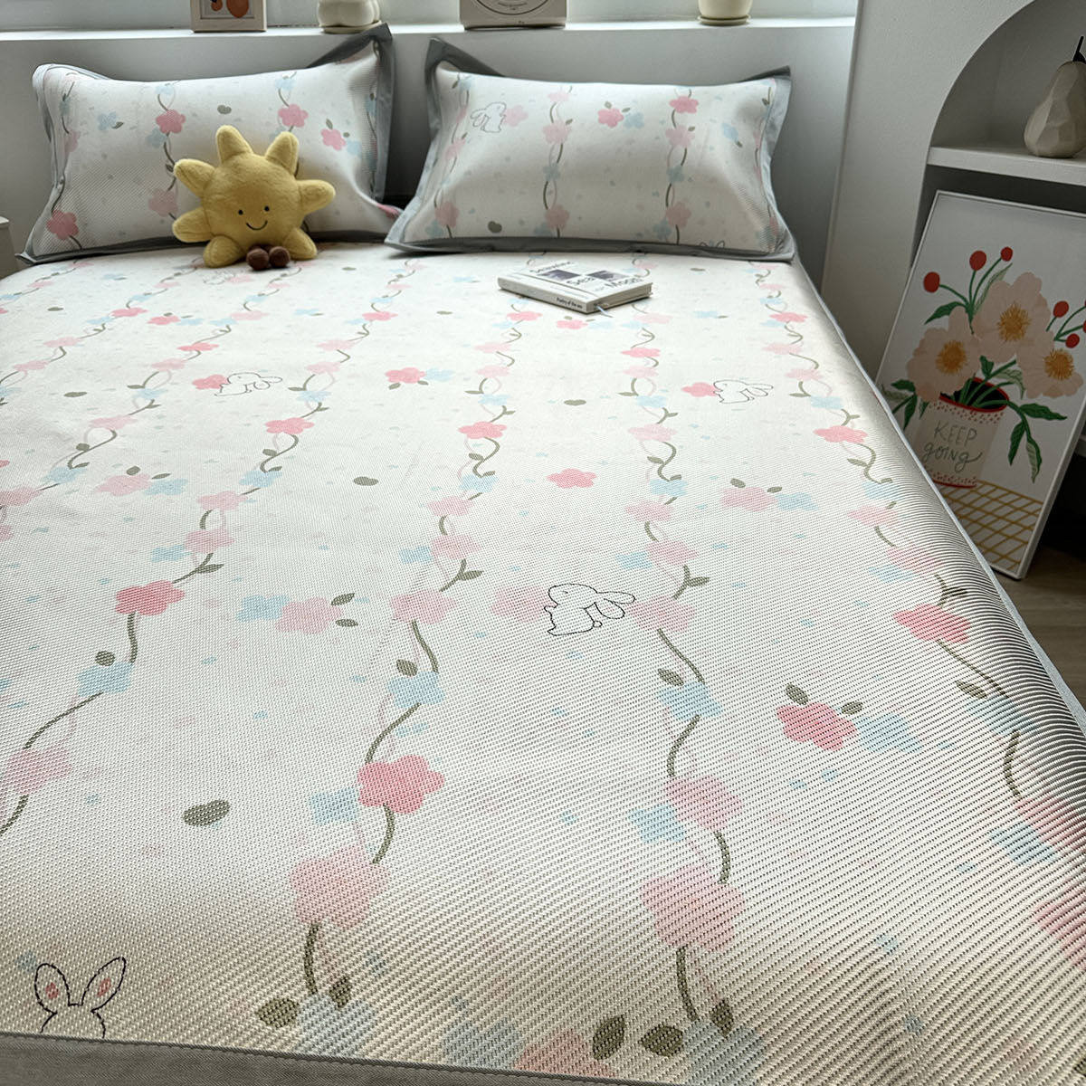 田园碎花条纹卡通小兔夏季冰丝凉席夏天2024新款软席子藤席可水洗,床上用品,冰丝席,淘宝优惠券,粉丝福利购,淘宝优惠卷