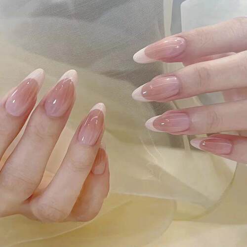 24Pcs Cute Pink Fake Nails Long Almond Press on Nails with B