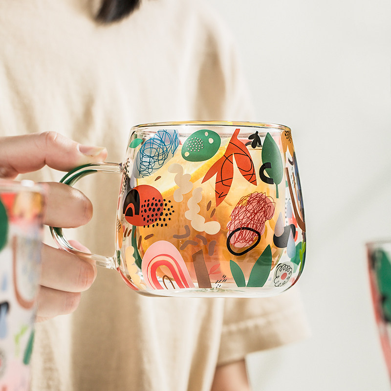 西比尔创意玻璃杯带刻度大容量牛奶杯耐热家用带杯把早餐杯早餐碗