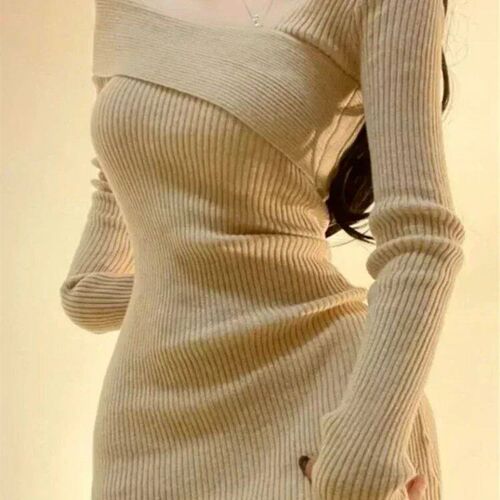 Deeptown Korean Style Mini Knitted One-piece Dress Women Coq