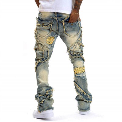 Mens ripped slightly flared fringe stretch jeans T