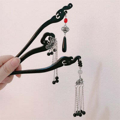 New Chinese Style Wooden Rose Hairpin Longevity Lock Tassel
