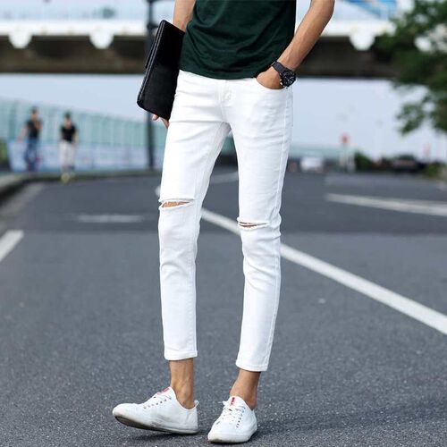 Hongxinjie Ripped Leg Jeans Mens Summer Thin Scraped Croppe