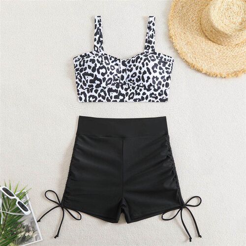 Printed split swimsuit with drawstring, high waist, flat
