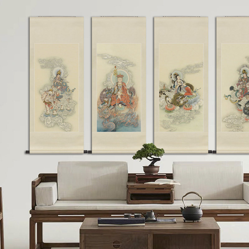 工笔国画四大菩萨画像观音地藏文殊普贤佛堂道场供奉中式卷轴挂画