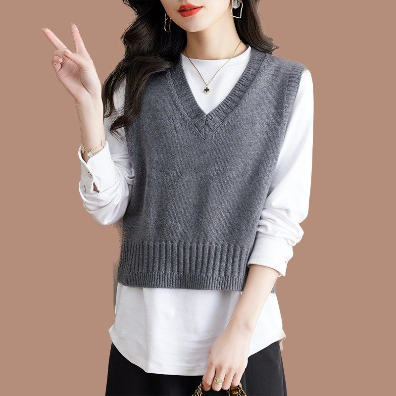 大码新款女装短款无袖针织背心女款鸡心领百搭叠穿马夹毛衣马甲春