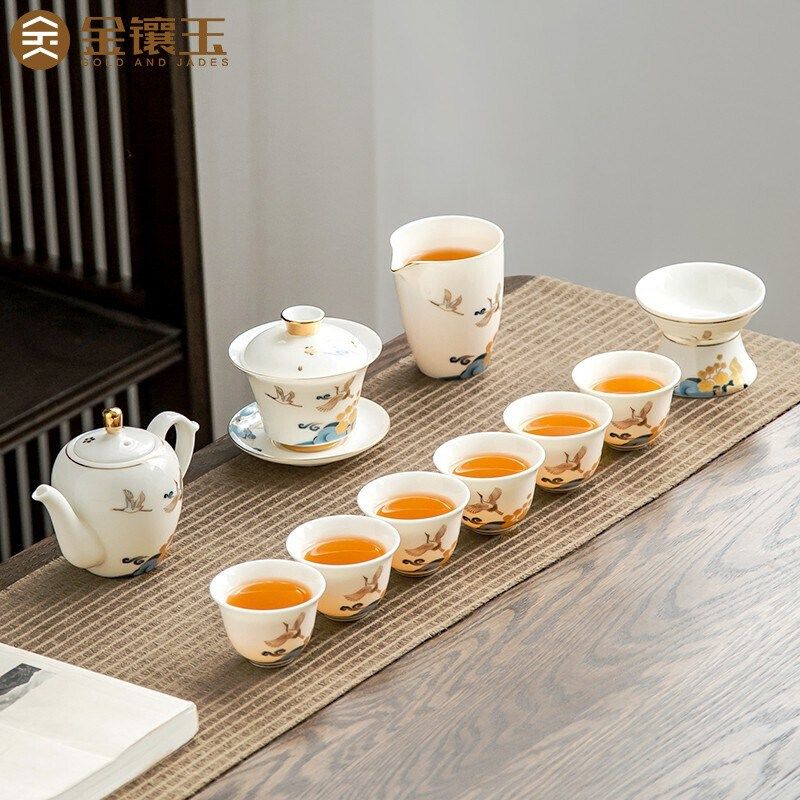 金镶玉羊脂玉瓷女士精致高端茶具套装奢华大气家用泡茶白瓷盖碗