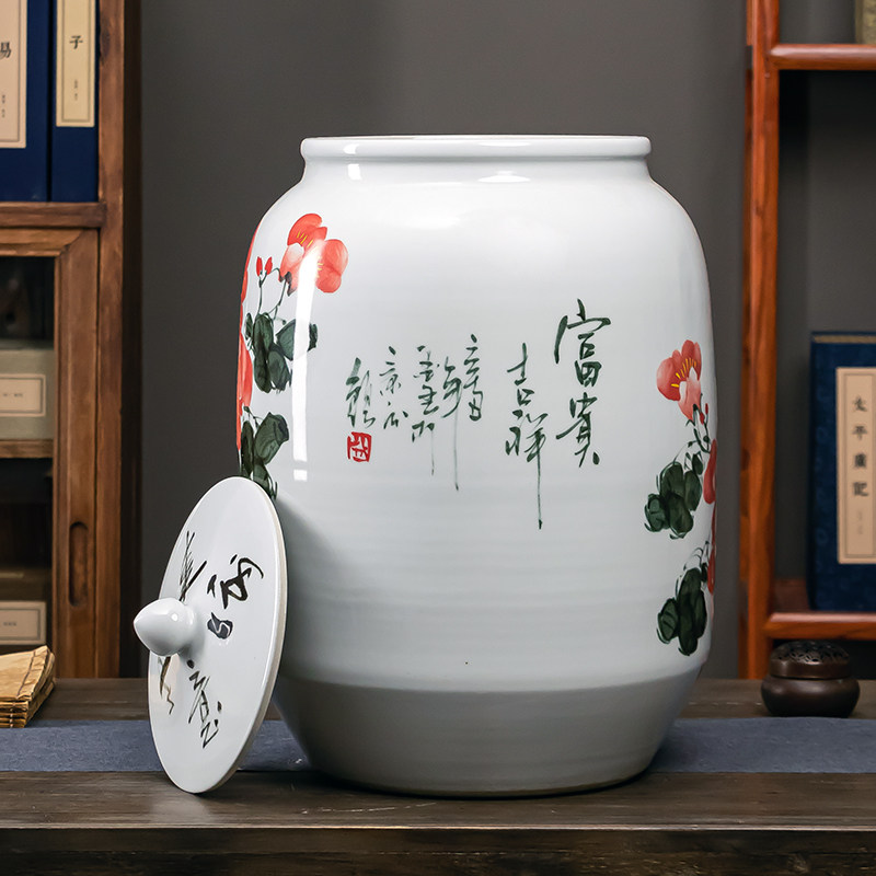 景德镇陶瓷手绘米缸油缸面粉水桶50斤密封防潮防虫带盖储物茶叶罐