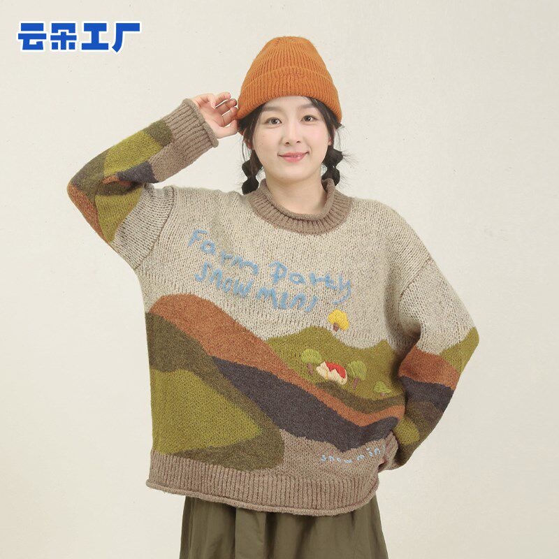 云朵工厂小雪人农场插画毛衣圆领保暖毛衣女卡其色套头毛衣