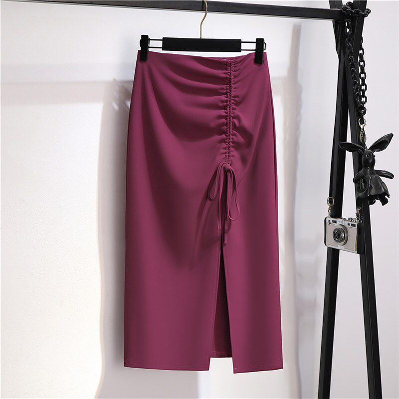 垂感开叉西装半身裙女夏季设计感抽绳高腰a字裙中长款包臀一步裙