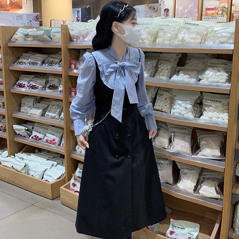 高中女生学院风气质中长裙秋2024新款时髦学生主持长袖衬衫连衣裙