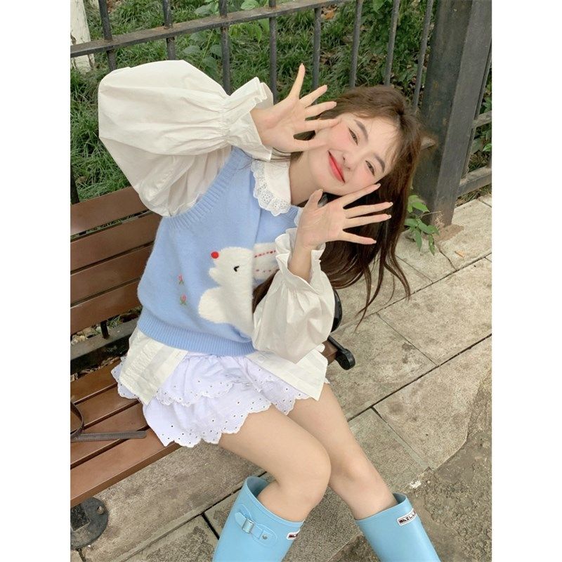 范雯雯 甜味奶油 白色条纹娃娃领喇叭袖衬衫女秋季温柔甜美上衣