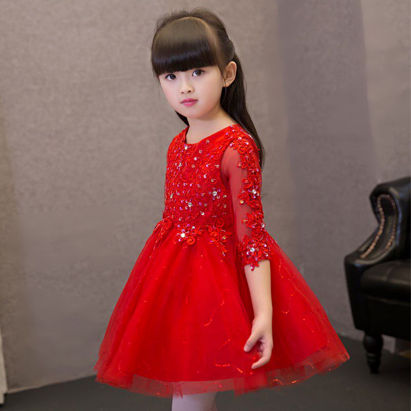 儿童礼服女童晚礼服婚纱红色公主裙蓬蓬纱花童主持人生日钢琴演出