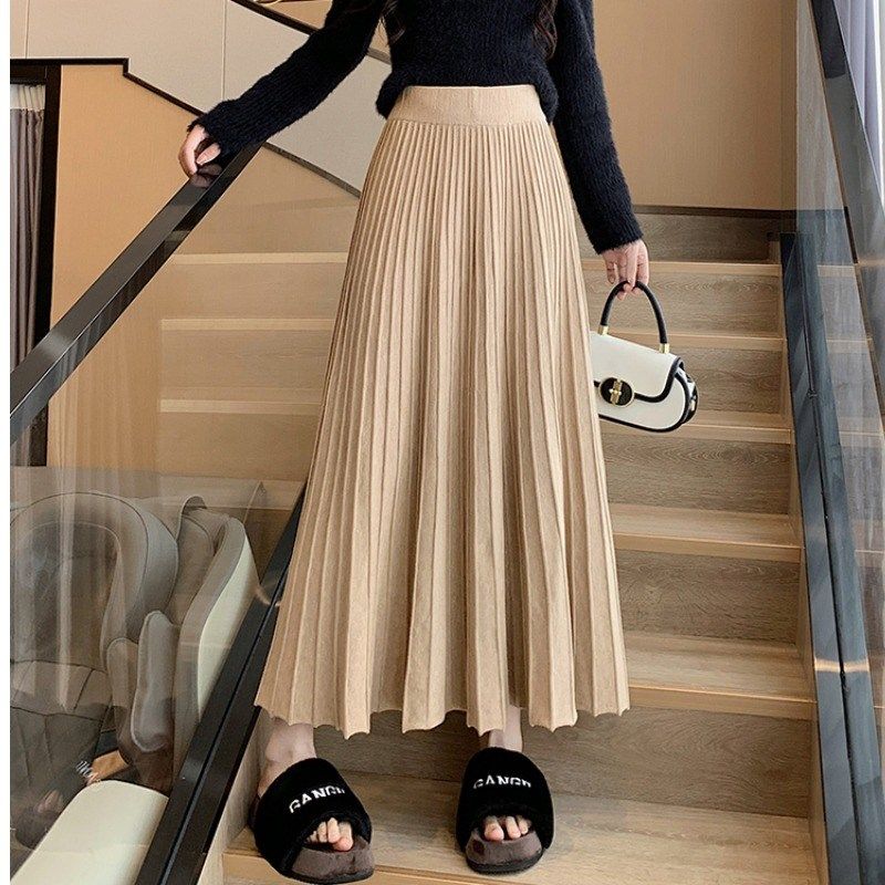 秋冬半身裙高个子加厚女冬季针织大摆裙百褶裙子显瘦长裙超长及踝