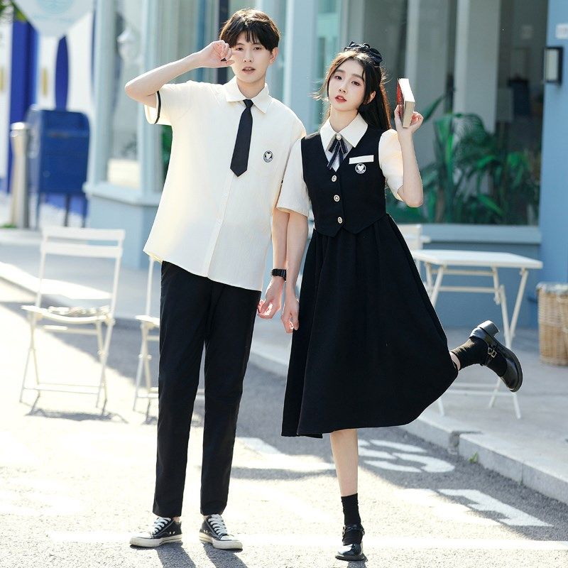 情侣装夏装JK学院风短袖学生班服演出服中学生高中毕业背带裙套装