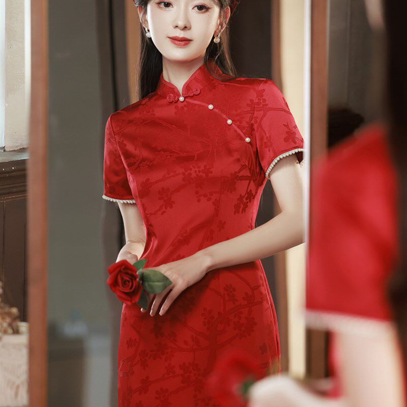 新中式复古红色旗袍新娘敬酒服改良高级感订婚结婚礼服少女连衣裙