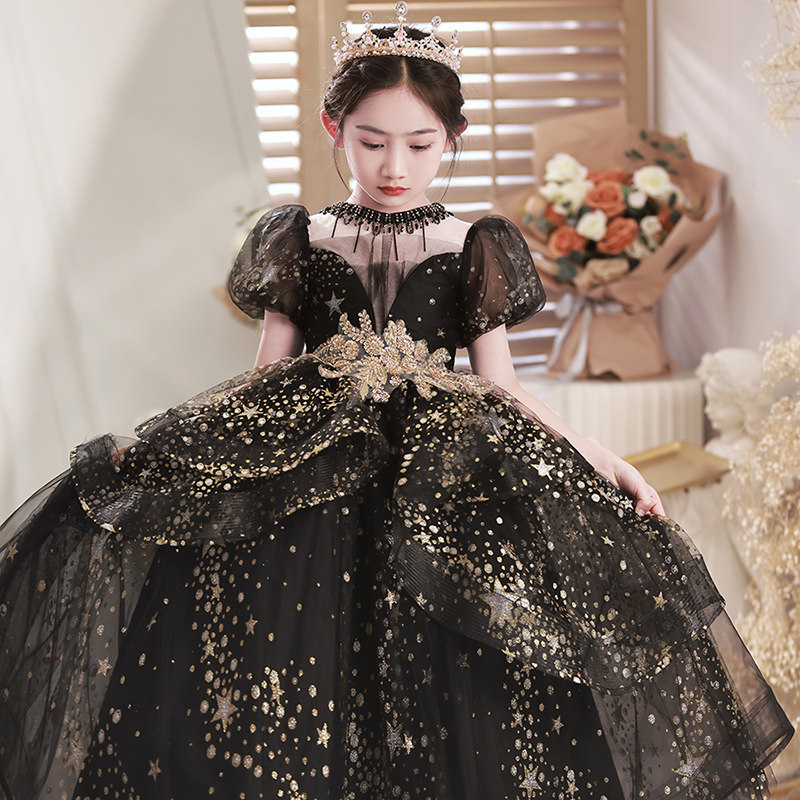 儿童高端主持人钢琴演奏长袖演出服女童礼服花童婚礼小女孩公主裙