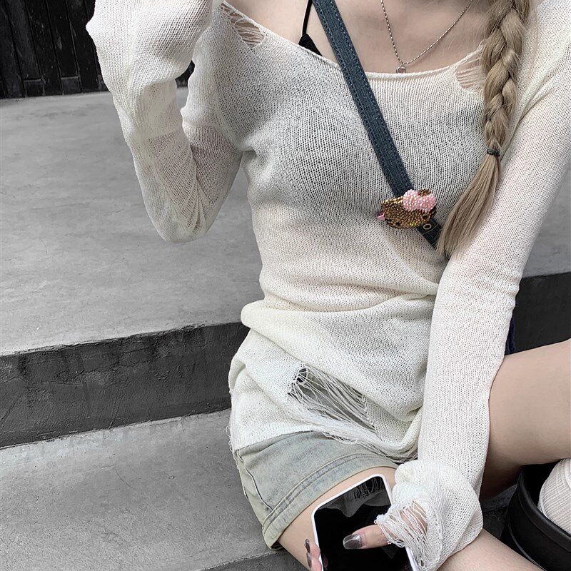 美式设计感破洞镂空针织防晒罩衫女小众修身叠穿气质百搭显瘦上衣