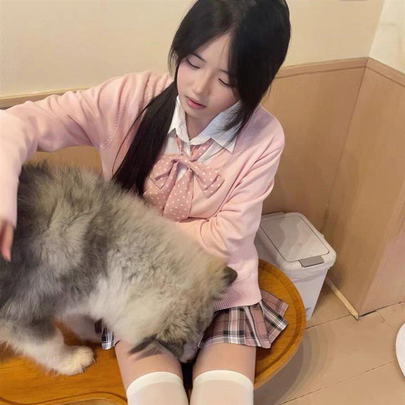 JK制服毛衣樱花粉开衫外套女秋冬学院风甜妹针织衫白桃香格裙套装