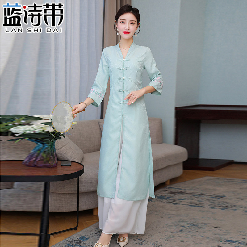 中式复古唐装上衣中长款提花茶服禅意禅服春夏中国风汉服改良旗袍