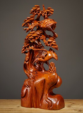 花梨木雕松鹤延年摆件客厅家居寓意装饰工艺品摆设生日贺寿送礼品