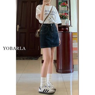 深蓝色牛仔短裙女高腰夏季大码显瘦胖mm梨形身材小个子a字半身裙