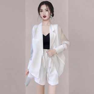 夏季薄款高级设计感系带气质宽松休闲防晒西装外套短裤两件套装女