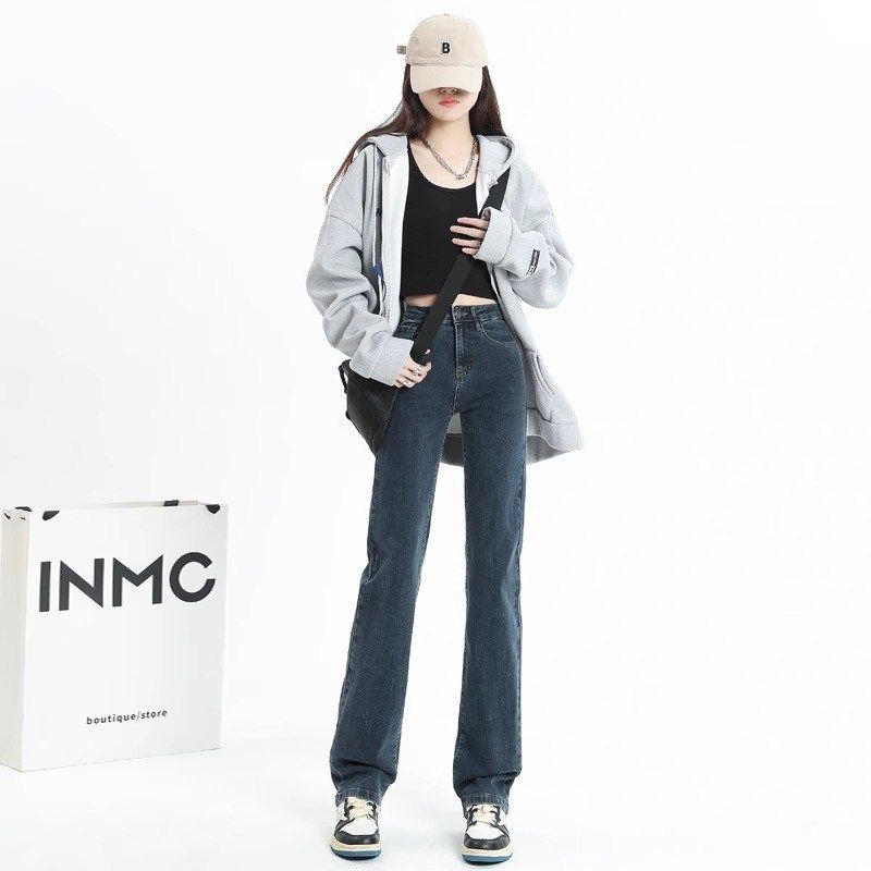 高腰修身牛仔裤女秋装2024年新款弹力显瘦窄版直筒裤烟管长裤子冬