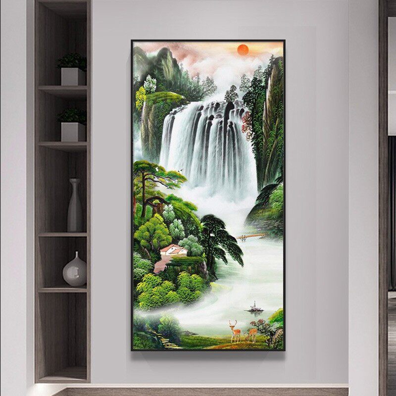 聚宝盆装饰画入户玄关画寓意好走廊尽头挂画竖版壁画山水风景油画