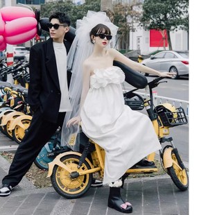 旅拍轻婚纱法式森系高腰孕妇款新娘结婚出门纱外景街拍缎面小礼服