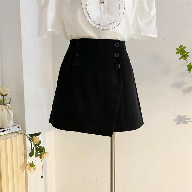 黑色西装短裤女夏季外穿裙裤排扣高腰A字阔腿裤休闲气质显瘦裤裙