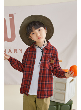 多多家童装男童格纹衬衫春秋红色复古儿童衬衫中大童春季宽松上衣