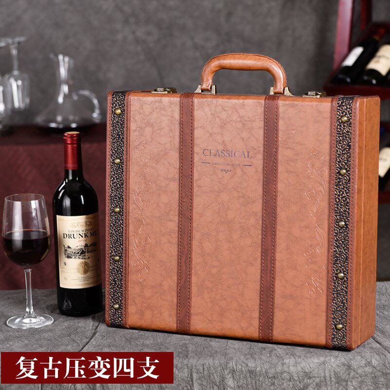 欧式复古加宽红酒包装礼盒高档单双四六支装葡萄皮箱红酒盒子定制
