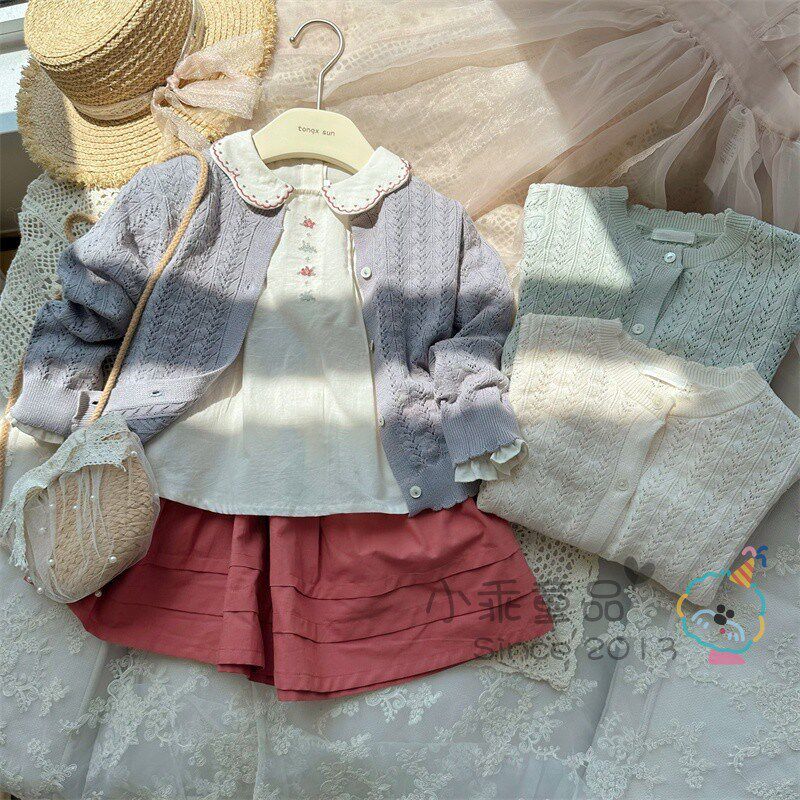 【炒柔软镂空】女童春秋上衣 纯棉针织圆领长袖开衫 针织衫