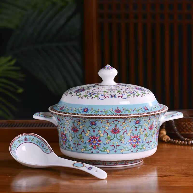 景德镇骨瓷餐具家用大号汤碗双耳朵带盖宫廷煲富贵煲品锅汤盆防烫