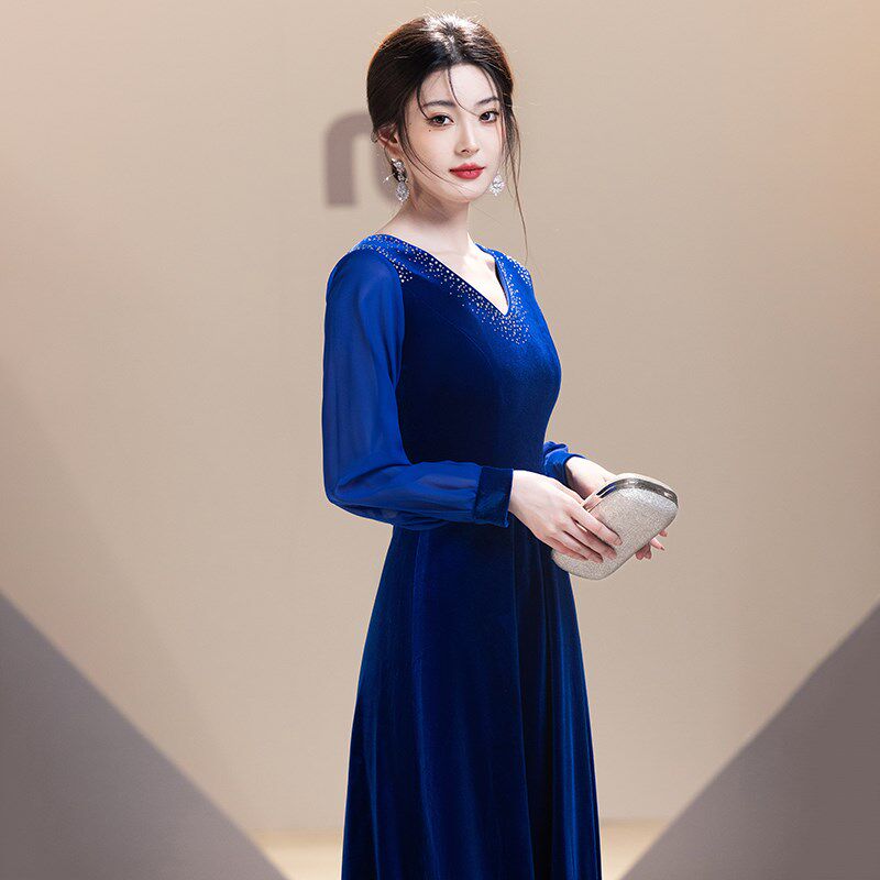 蓝色合唱团演出V领长袖指挥女长裙艺考钢琴演奏主持人年会晚礼服