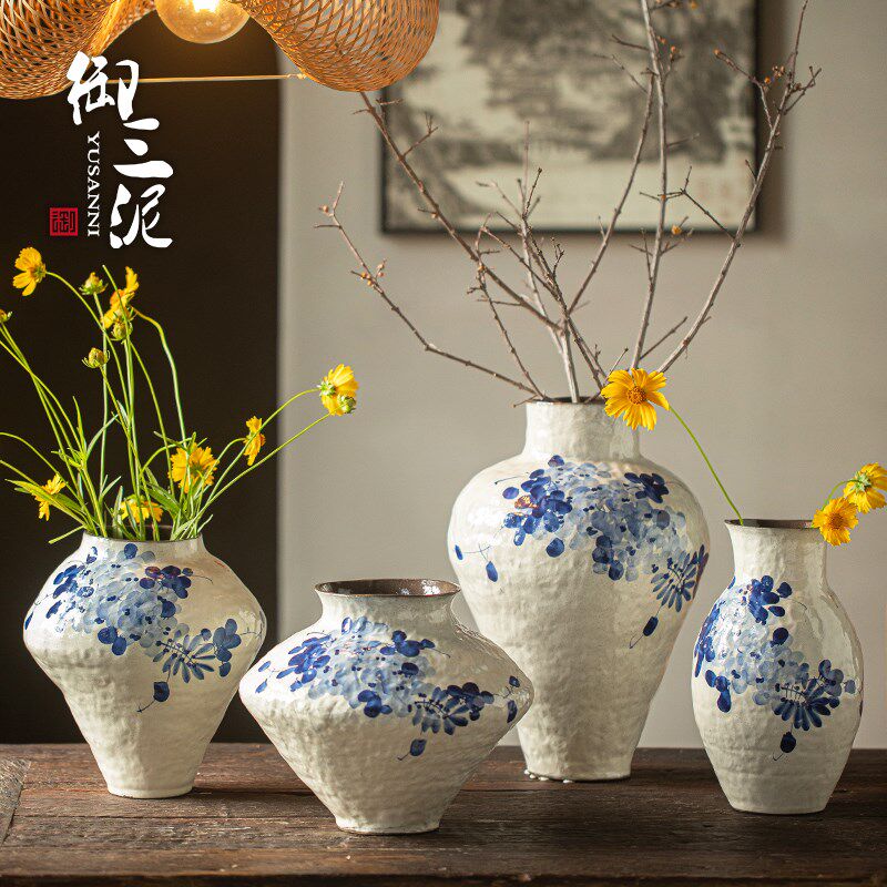 御三泥新中式青花陶瓷花瓶客厅插花摆件居家民宿玄关高级感花器