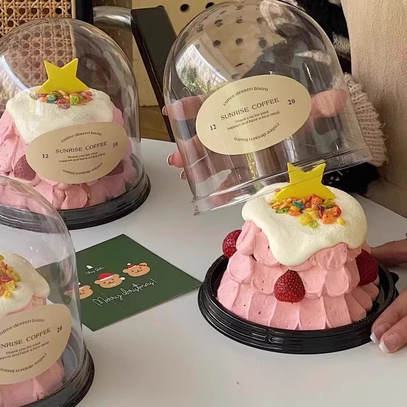 网红圣诞节蛋糕4寸包装盒装饰圣诞树透明半圆蛋糕包装西点慕斯盒