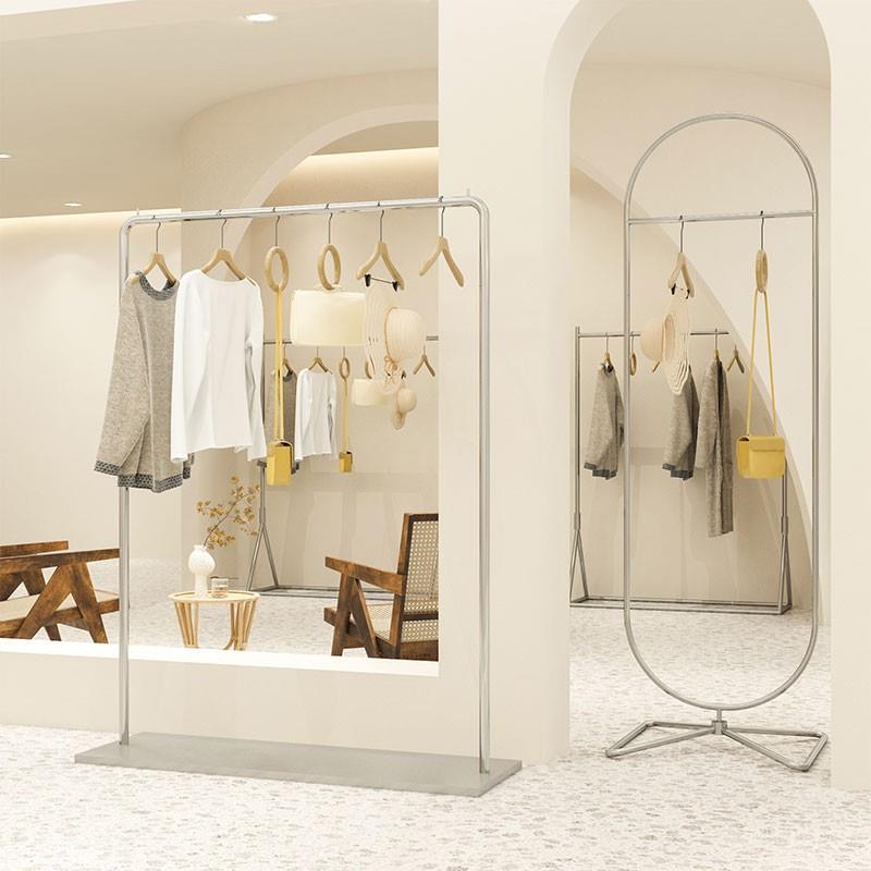 服装店中岛展架落地式不锈钢拉丝带板银色挂衣杆女装店货架陈列架