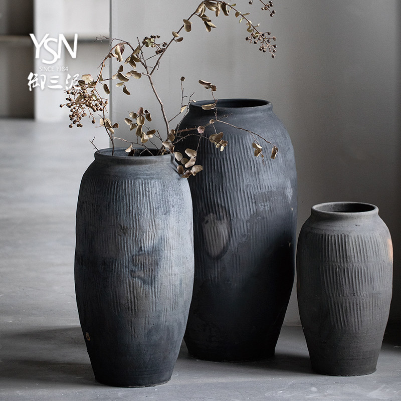 做旧黑陶罐落地花瓶组合禅意土罐复古中式艺术老瓦罐仿古翁缸粗陶,家居饰品,家饰软装搭配套装,淘宝优惠券,粉丝福利购,淘宝优惠卷