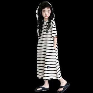 女童睡衣夏季纯棉2024新款儿童夏装连衣裙女大童薄款宽松条纹睡裙